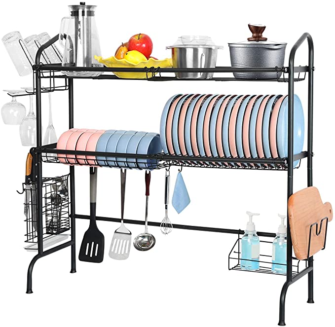 Over the Sink Dish Drying Rack, Weluvfit 2 Tier Large Stainless Steel Non-slip Dish Drying Rack with Utensil Holder Hooks for Kitchen Counter