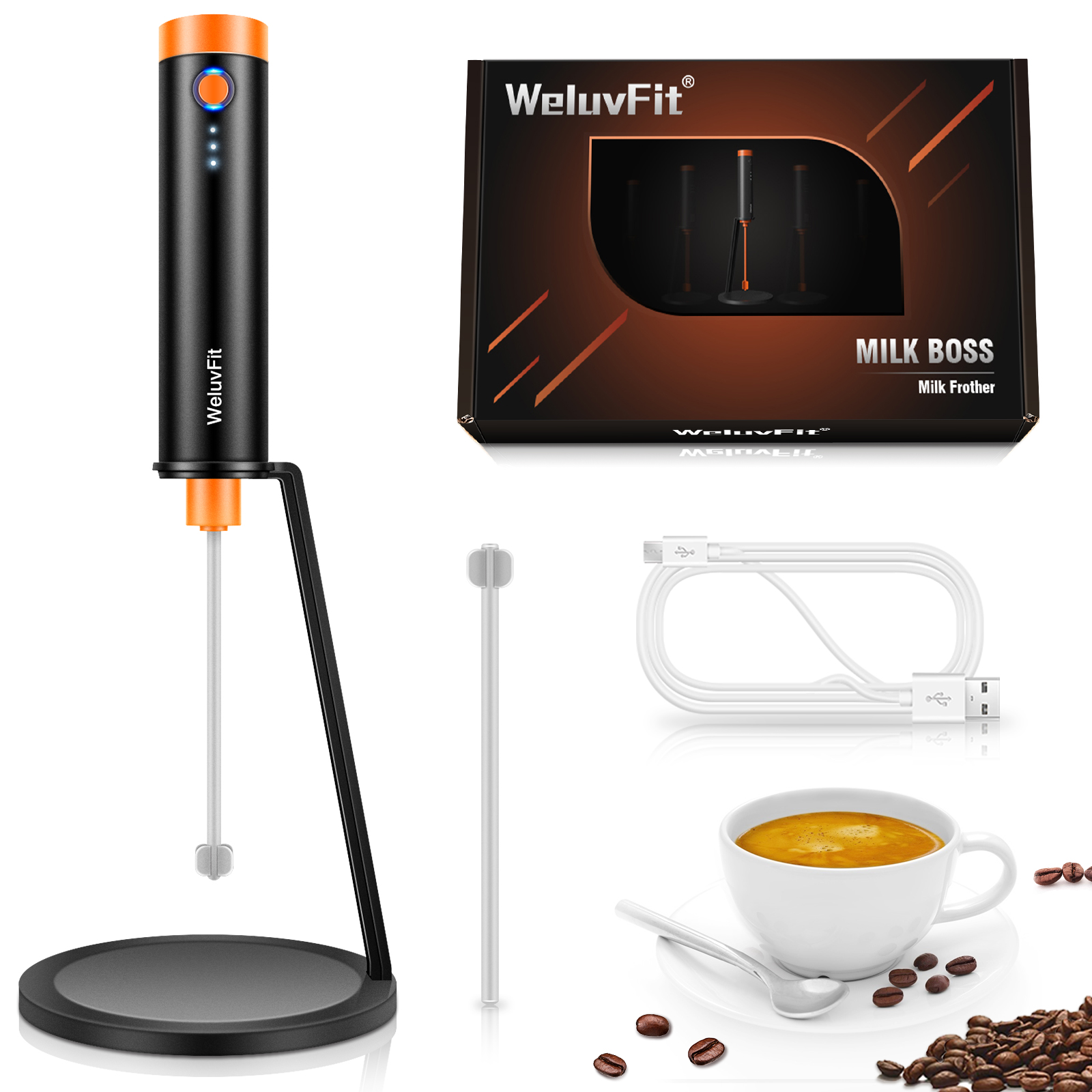 Upgraded Milk Frother, Weluvfit Drink Mixer with 3 Speeds, Handheld USB Rechargeable Milk Foamer with Stand, Food Grade Electric Whisk Coffee Blender, Portable Electric Stirrer for Lattes, Cappuccino