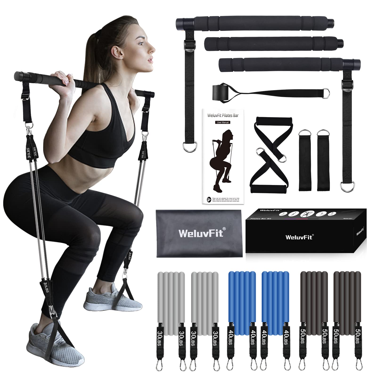 Pilates Bar Kit with Resistance Bands, WeluvFit Fitness Equipment for Women & Men, Gym Home Workouts Stainless Steel Stick Squat Yoga Pilates Flexbands Kit