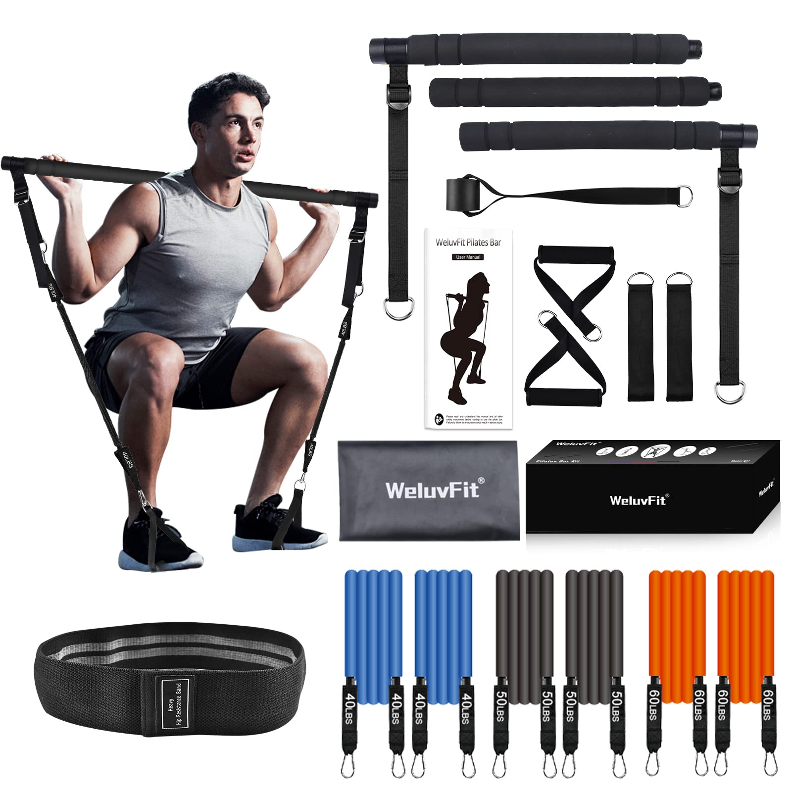 Pilates Bar Kit with Resistance Bands (40+50+60), WeluvFit Exercise Fitness Equipment for Women & Men, Home Gym Workouts Stainless Steel Stick Squat Yoga Pilates Flexbands Kit for Full Body Shaping